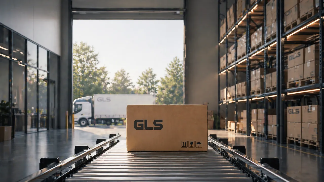 GLS warehouse — truck at the loading dock and a GLS box on the conveyor line